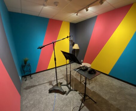 Photo of the recording booth in the Bob Dylan suite at the Washington DC studios of Clean cuts. A professional microphone stands in the center of the room surrounded by colorful acoustical wall panels.