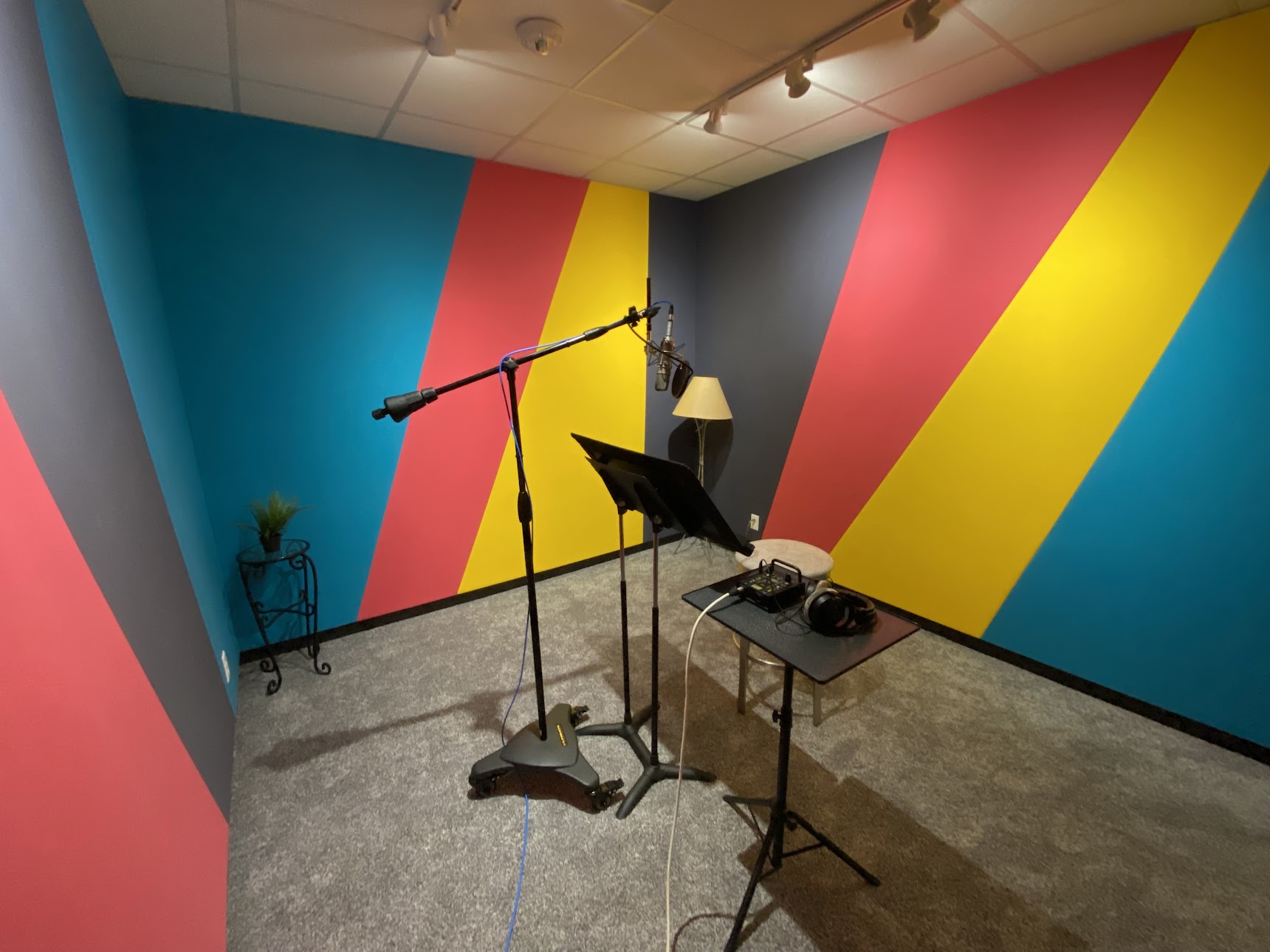Photo of the recording booth in the Bob Dylan suite at the Washington DC studios of Clean cuts. A professional microphone stands in the center of the room surrounded by colorful acoustical wall panels.